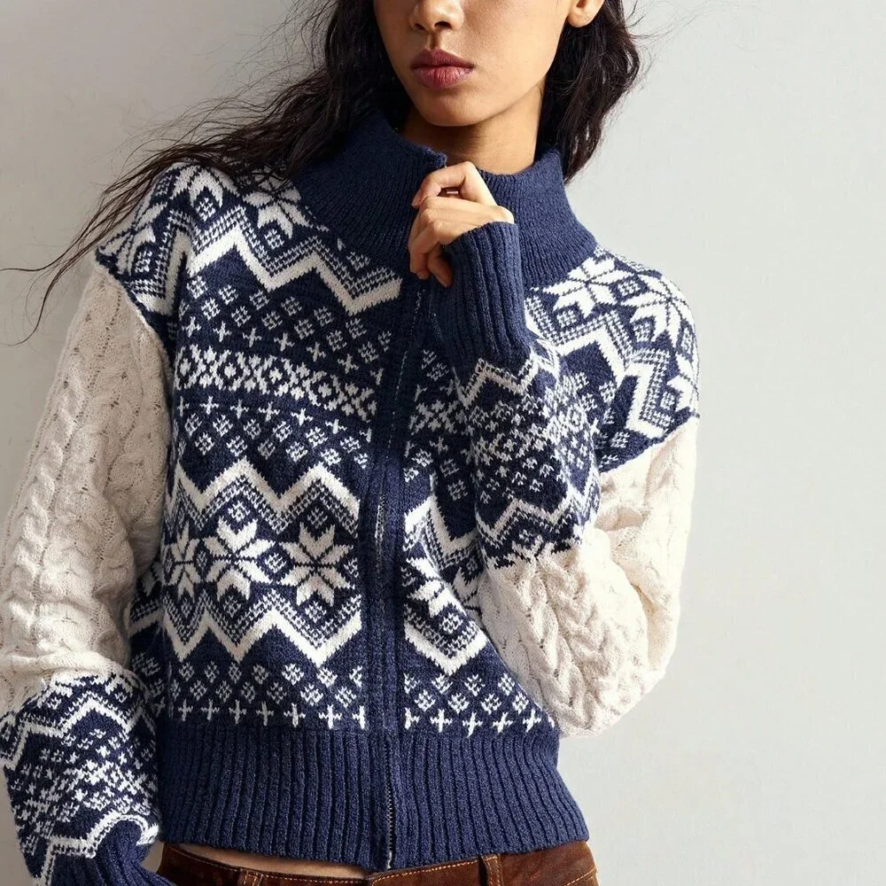 Womens Blue High Neck Zip up Fair Isle Print Chunky Cable Knit Cardigan